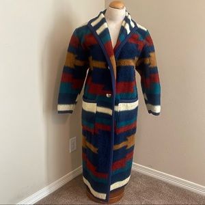 Vintage Yumaland Aztec Tribal Blanket Print Lapel Collar CozyTrench Women